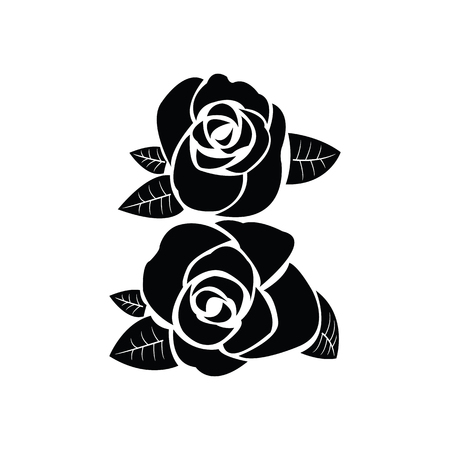 Black silhouette of rose with leavesのイラスト素材