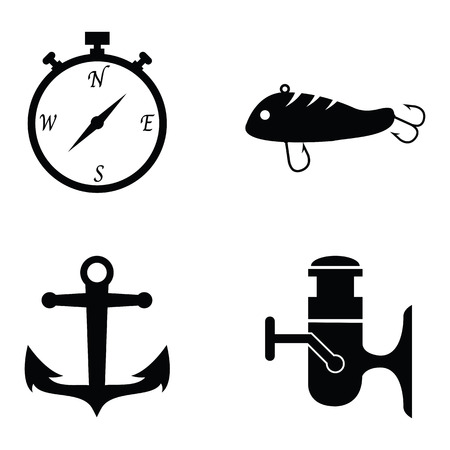 Set of fishing icons in black and whiteのイラスト素材
