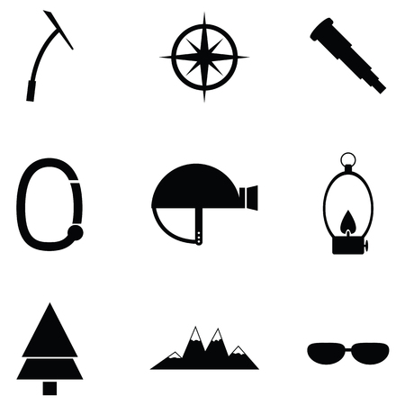 Collection of hiking icon set includes light, compass, telescope, tree, mountain, sunglasses, and many more in black and white illustration.のイラスト素材