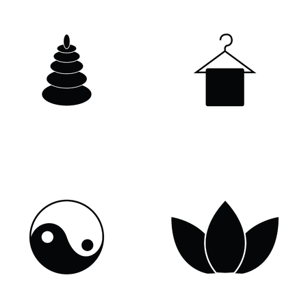 Collection of spa icon set includes flower, towel, yin and yang in black and white illustration.のイラスト素材