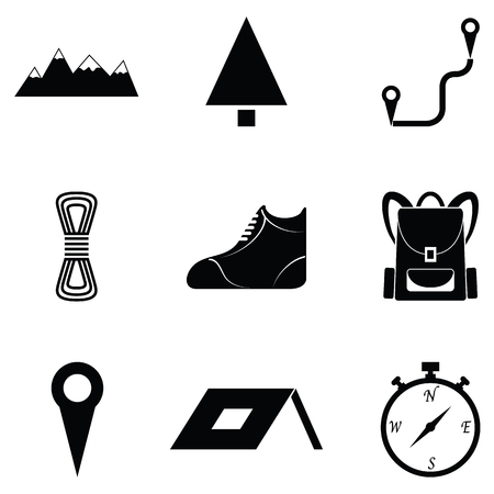 Collection of hiking icon set includes tree, shoes, mountain, backpack and many more in black and white illustration.のイラスト素材