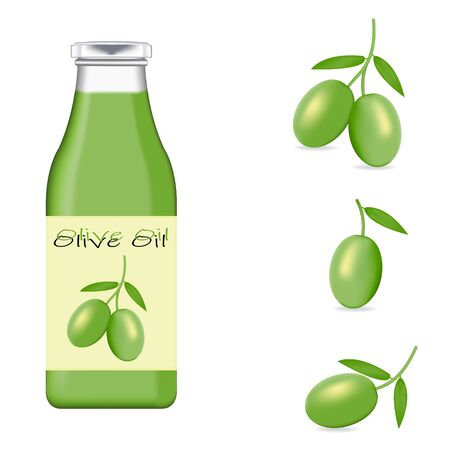 Realistic glass bottle packaging for olive oil.のイラスト素材