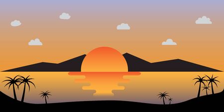 Sunset or sunrise in ocean, nature landscape background. Vector flat style.のイラスト素材
