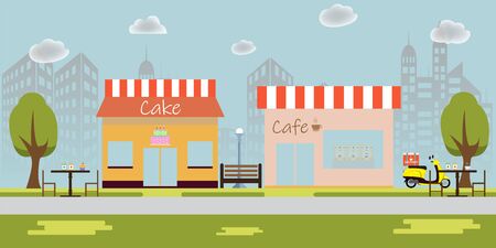 Cafe Street Coffee Shop Chairs Table Flat Vector Illustrationのイラスト素材
