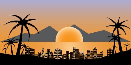 Sunset or sunrise in ocean, nature landscape background. Vector flat style.のイラスト素材