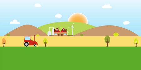 landscape village farm green hills fieldsのイラスト素材