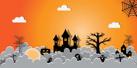 Halloween Night Concept Vector.paper art style.のイラスト素材