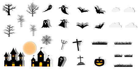 Collection of halloween silhouettes icon.paper art style.のイラスト素材