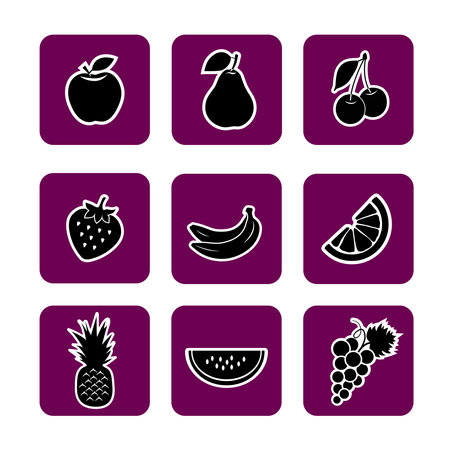 Fruits icons banana, cherry, apple, strawberries, raspberries, blackberries, orange, kiwi fruit, pear for web, print and textileのイラスト素材