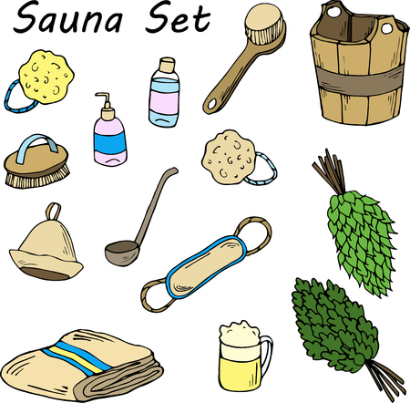 Set for sauna. Hand drawn items for bath.のイラスト素材