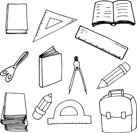 Back to school elements in cartoon style. Hand drawn illustration. Great for card, poster, printのイラスト素材