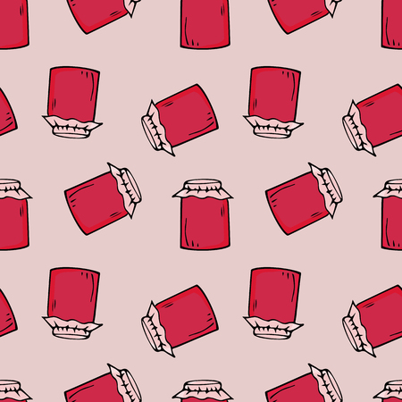 Jam pots seamless pattern. hand drawn illustration. Bright cartoon illustration for card design, fabric and wallpaper.のイラスト素材