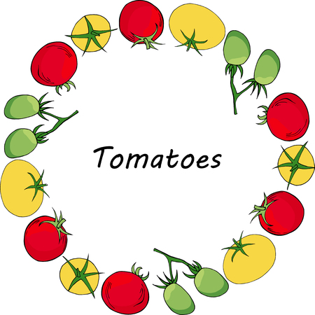 Round garland with yellow, red and green tomatoes. Circle with space for text and season designのイラスト素材