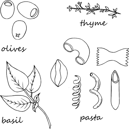 Hand drawn illustration of pasta ingredients in cartoon style. Perfect for menu, card, textile designのイラスト素材