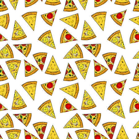 Seamless pattern of pizza in cartoon style. Perfect for menu, card, textile designのイラスト素材