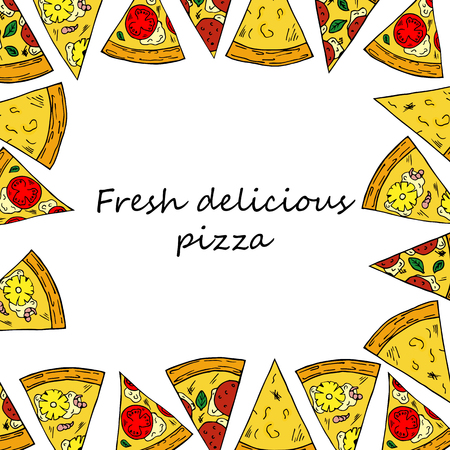 Hand drawn illustration of pizza in cartoon style. Perfect for menu, card, textile designのイラスト素材