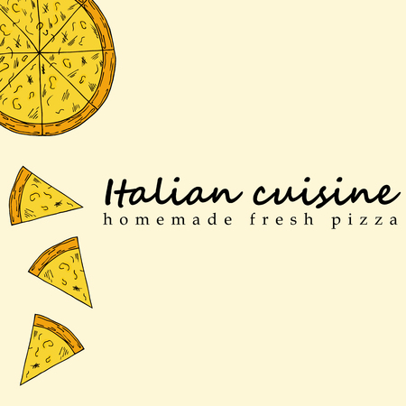 Hand drawn illustration of pizza in cartoon style. Perfect for menu, card, textile designのイラスト素材