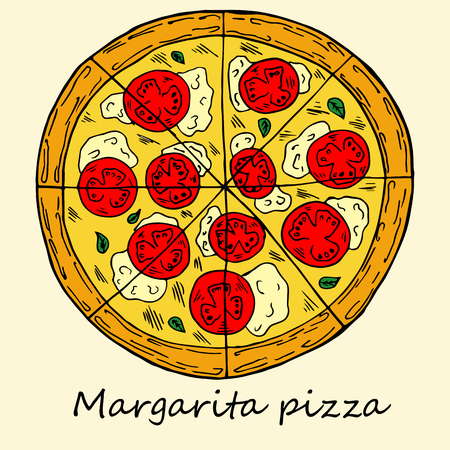 Hand drawn illustration of pizza in cartoon style. Perfect for menu, card, textile designのイラスト素材