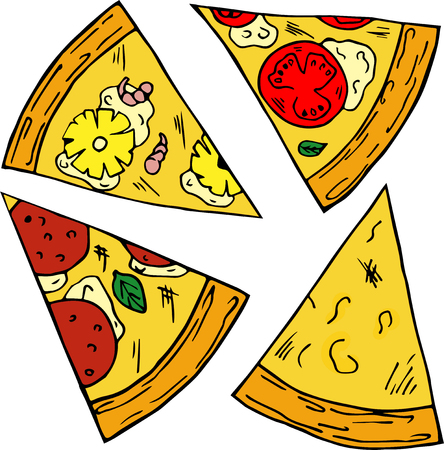 Hand drawn illustration of pizza in cartoon style. Perfect for menu, card, textile designのイラスト素材