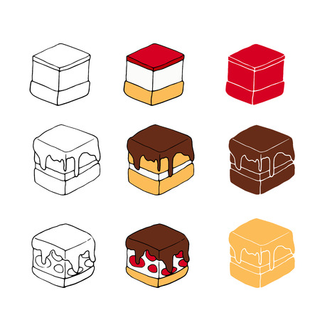 Set of sweet cakes with different toppings. Perfect for menu, card, textile, food packaging design.のイラスト素材