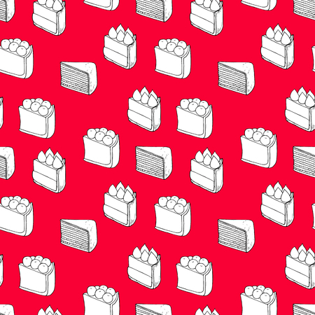 Seamless vector pattern of cakes on red background. Perfect for menu, card, textile of food package designのイラスト素材