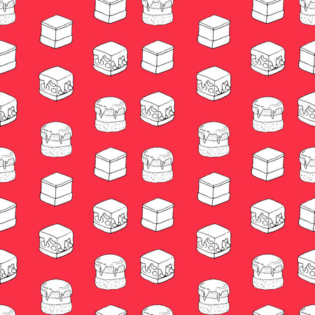 Seamless vector pattern of cakes on red background. Perfect for menu, card, textile of food package designのイラスト素材