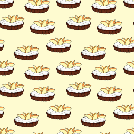 Seamless vector pattern of tartlets on yellow  background. Perfect for menu, card, textile of food package designのイラスト素材