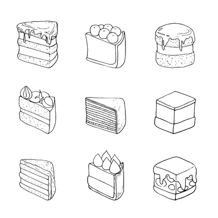 Set of sweet cakes with different toppings. Perfect for menu, card, textile, food packaging design.のイラスト素材
