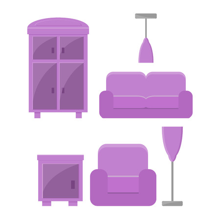 Illustration for Set of furniture - wardrobe, chair, sofa, chandelier, floor lamp and nightstand in one style. Vector illustration, flat icon. Elements of modern home and office furniture. - Royalty Free Image