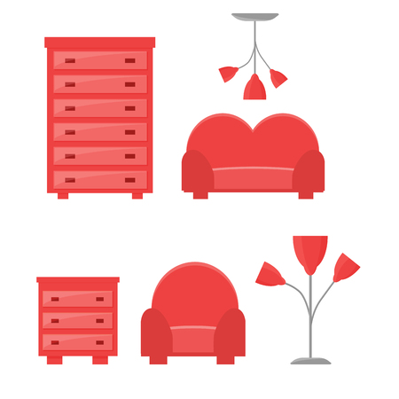Set of furniture - wardrobe, chair, sofa, chandelier, floor lamp and nightstand in one style. Vector illustration, flat icon. Elements of modern home and office furniture.のイラスト素材