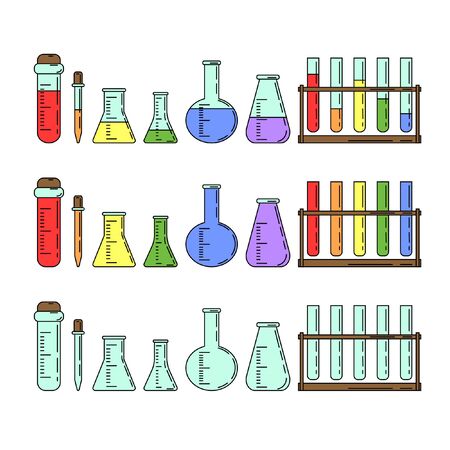 Set of chemical flasks in cartoon style isolated on white background. Vector illustration for web or design.のイラスト素材