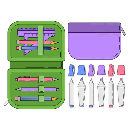 Set of school tools in cartoon style isolated on white background. Vector illustration of pen case and markers for web or design.のイラスト素材
