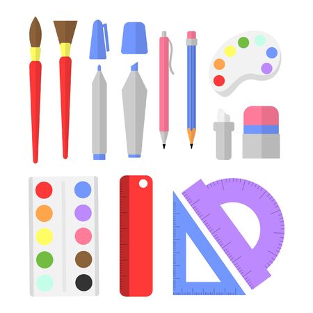 Set of school tools in flat style isolated on white background. Vector back to school illustration for web or design.のイラスト素材