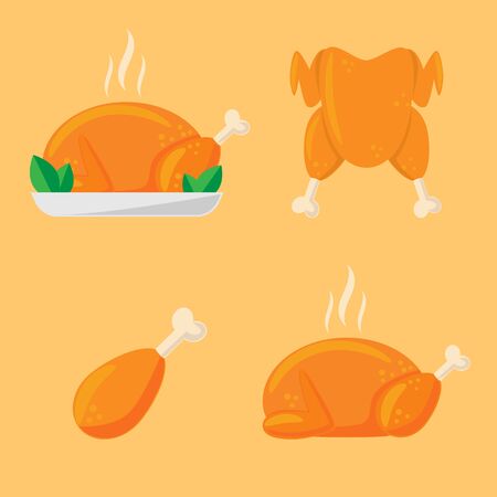 Set of icons of roasted chicken in flat style. Vector illustration for design and web.のイラスト素材
