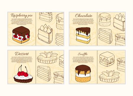 Set of vector desserts flyer templates. Cakes cartoon illustrations for design and webのイラスト素材