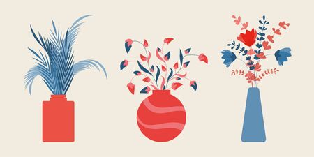 Set of flowers in vases vintage vector illustration. Flat floral concept for banner or flyer.のイラスト素材