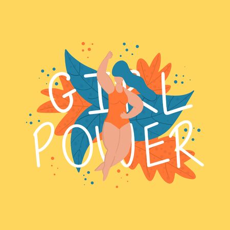 Girl power quote and young blue haired woman in swimsuit vector hand drawn illustration. Feminist slogan or phrase. Women rights, feminism, motivational slogan, social movement concept.のイラスト素材