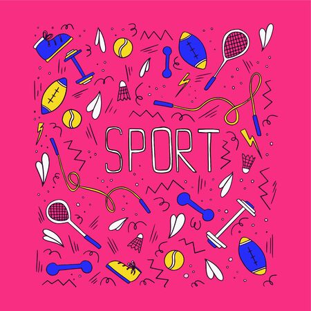 Sports illustration with different sport symbols. Vector active lifestyle illustration in doodle style with typography.のイラスト素材