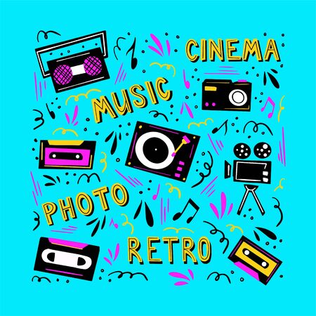 Retro music card concept in doodle style. Vector illustration with different art elements, music player, tape recorder, movie camera, camera, cassette and hand drawn typography. Retro lettering.のイラスト素材