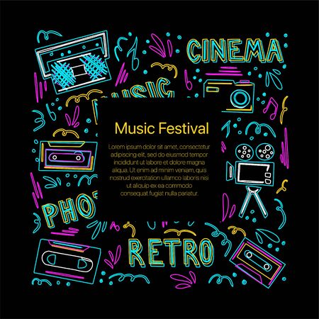 Retro music neon card concept in doodle style. Vector illustration with different art elements, music player, tape recorder, movie camera, camera, cassette.のイラスト素材