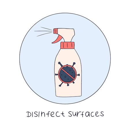 Covid-2019 protection tip. Coronavirus alert. Disinfect surfaces vector illustration in hand drawn style with lettering.のイラスト素材