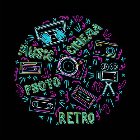 Retro music neon card concept in doodle style. Vector illustration with different art elements, music player, tape recorder, movie camera, camera, cassette.のイラスト素材