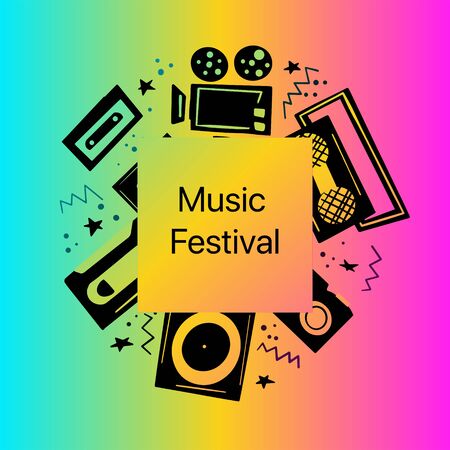 Music festival template in doodle style with spase for text. Vector illustration with different art elements, music player, tape recorder, movie camera, camera, cassette and hand drawn typography.のイラスト素材