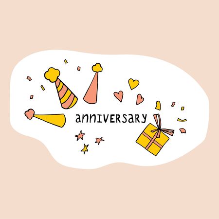 Anniversary invitation card template. Hand drawn lettering, gift box and party hats in cartoon style for birthday party design.のイラスト素材
