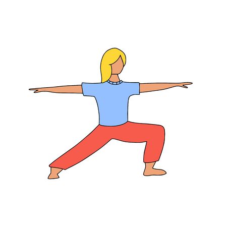 Girl doing yoga vector cartoon illustration. Woman in sport clothes hand drawn concept. Active recreation, healthy lifestyle, pilates, meditation design elements. Yoga studio female character.のイラスト素材