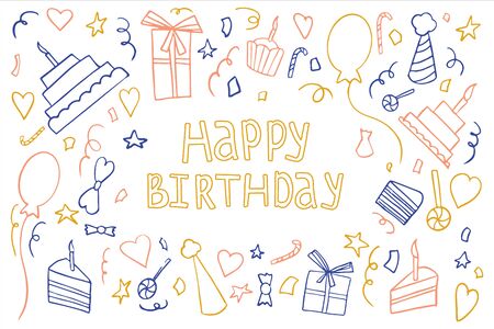 Happy birthday invitation card template. Hand drawn birthday elements, cakes, gift boxes, balloons, garlands, fireworks, candles and handwritten birthday phrase in line style.のイラスト素材