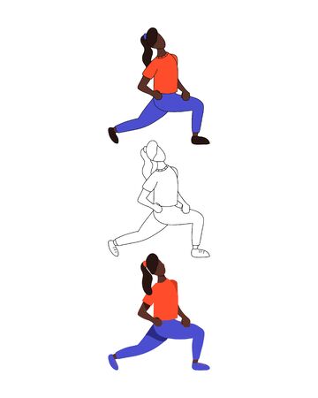Set of three female characters. Girl in flat, cartoon and line style. Vector illustration of women doing sport. Active recreation, healthy lifestyle, pilates, fitness, meditation design element.のイラスト素材
