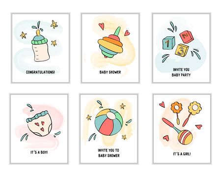 Set of baby cards for birthday party or baby shower celebration.のイラスト素材