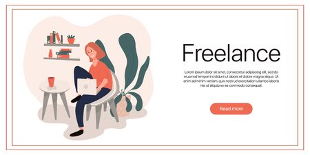 Freelance working landing page template. Woman sitting in comfortable chair and working on computer at home in quarantine. Self employed, coworking website concept.のイラスト素材