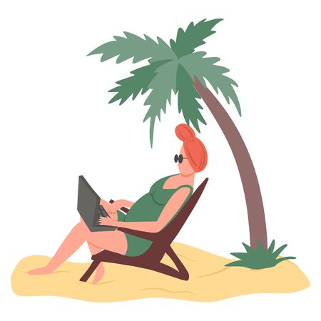 Woman in swimming suit sits in sunbed on the beach and working on laptop vector flat illustration. Summer vacation, self employed, freelance, distant working hand drawn illustration.のイラスト素材